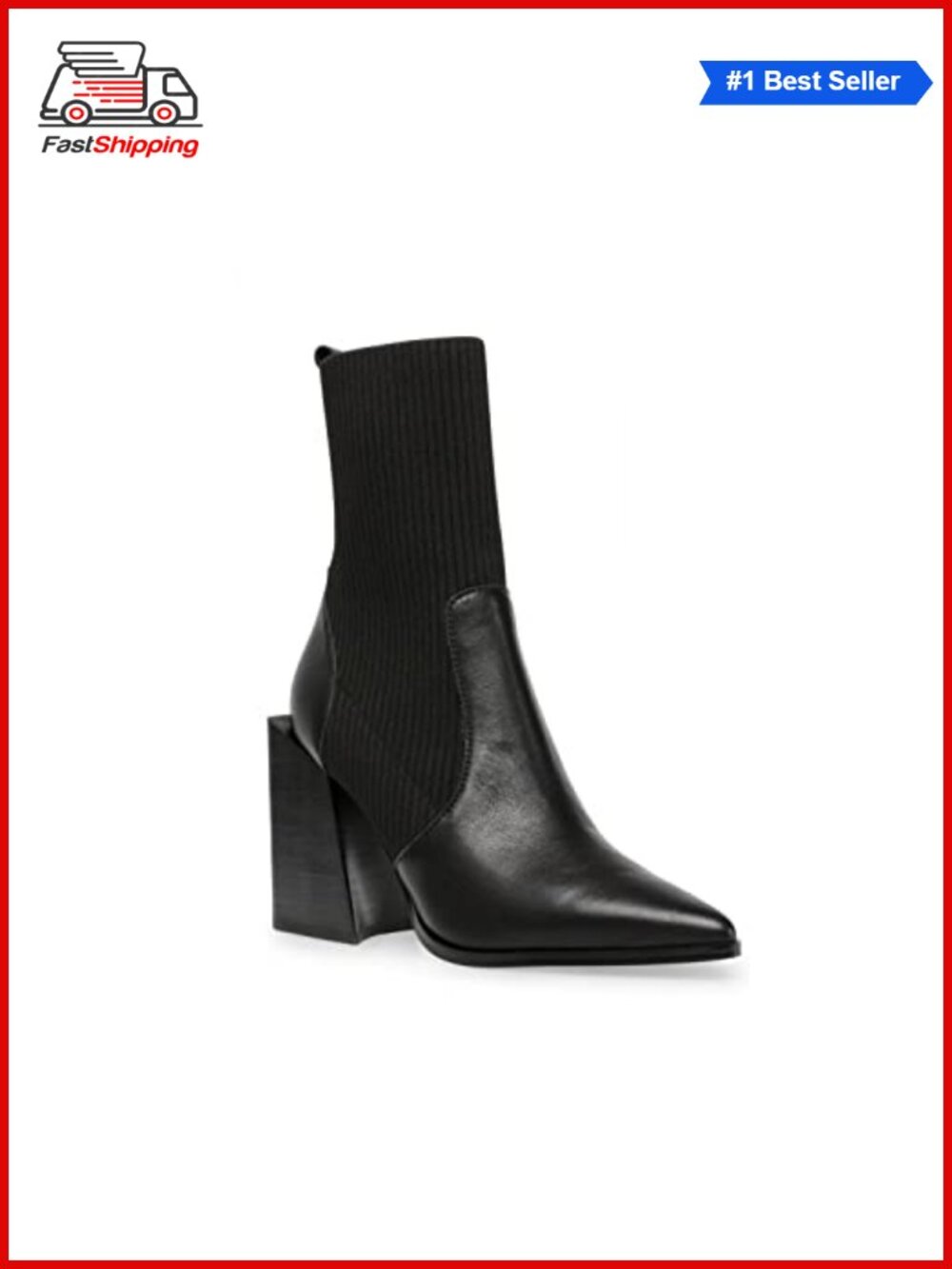 ✨ Pointed Toe Chunky Stacked Heel Ankle Booties Ribbed Knit Slip On Sock Boots